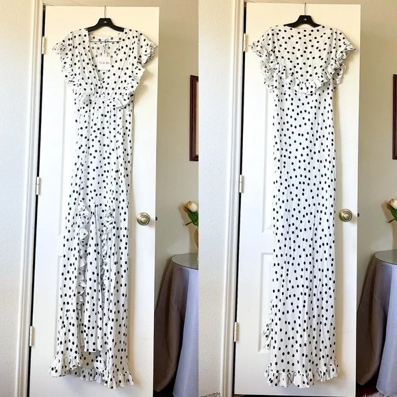 Rat & Boa Mariella Maxi Dress Polka Dot Ruffle White Black Size Medium NWT